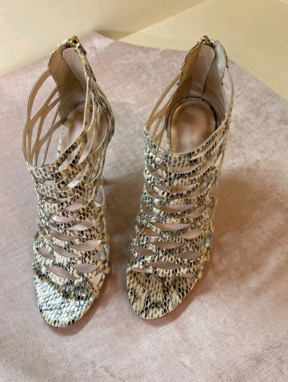 Strappy Snake-Print High Heel Sandals in Beige - Picture 4 of 6